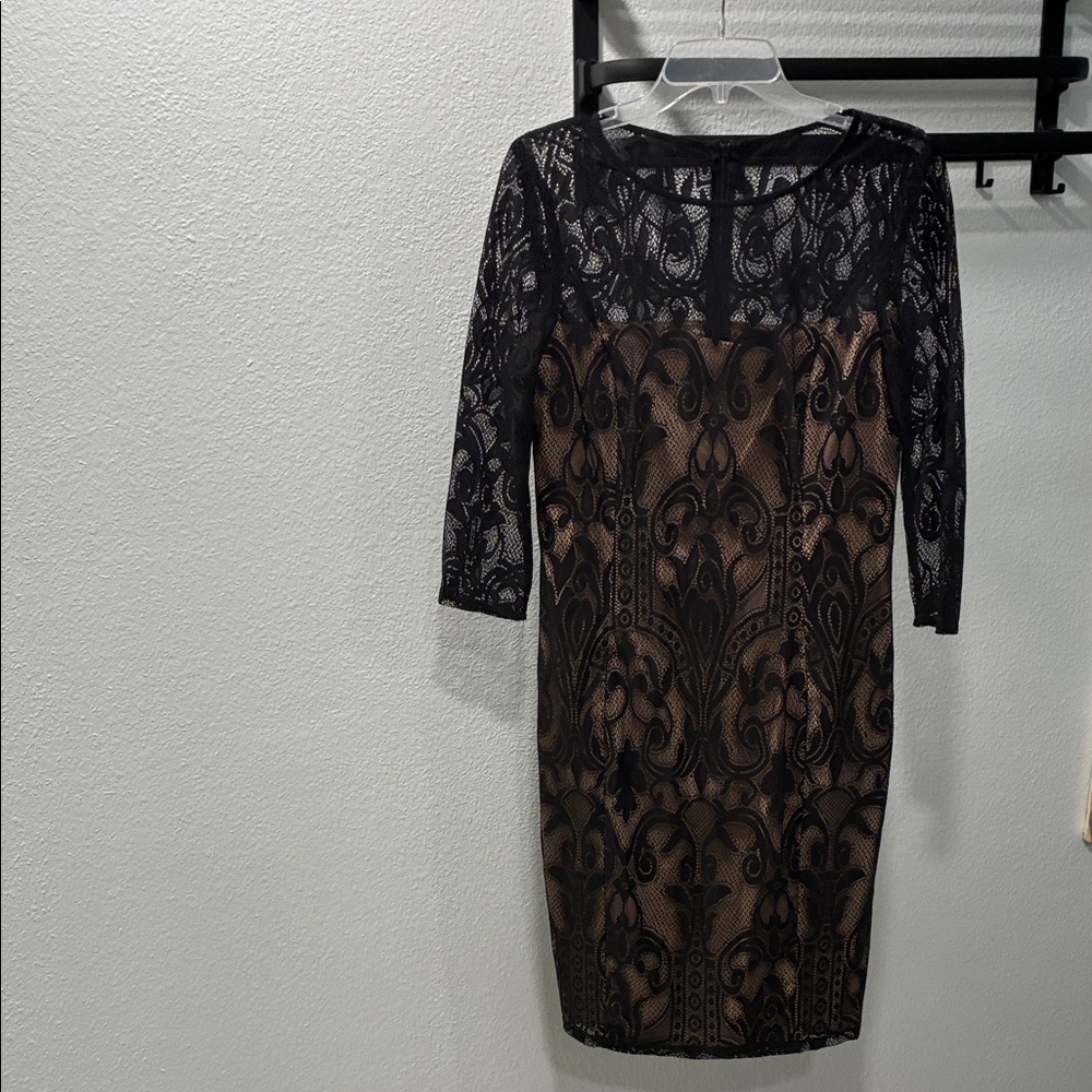 Adrianna Papell Black Lace Overlay with Nude Slip Sheath Dress